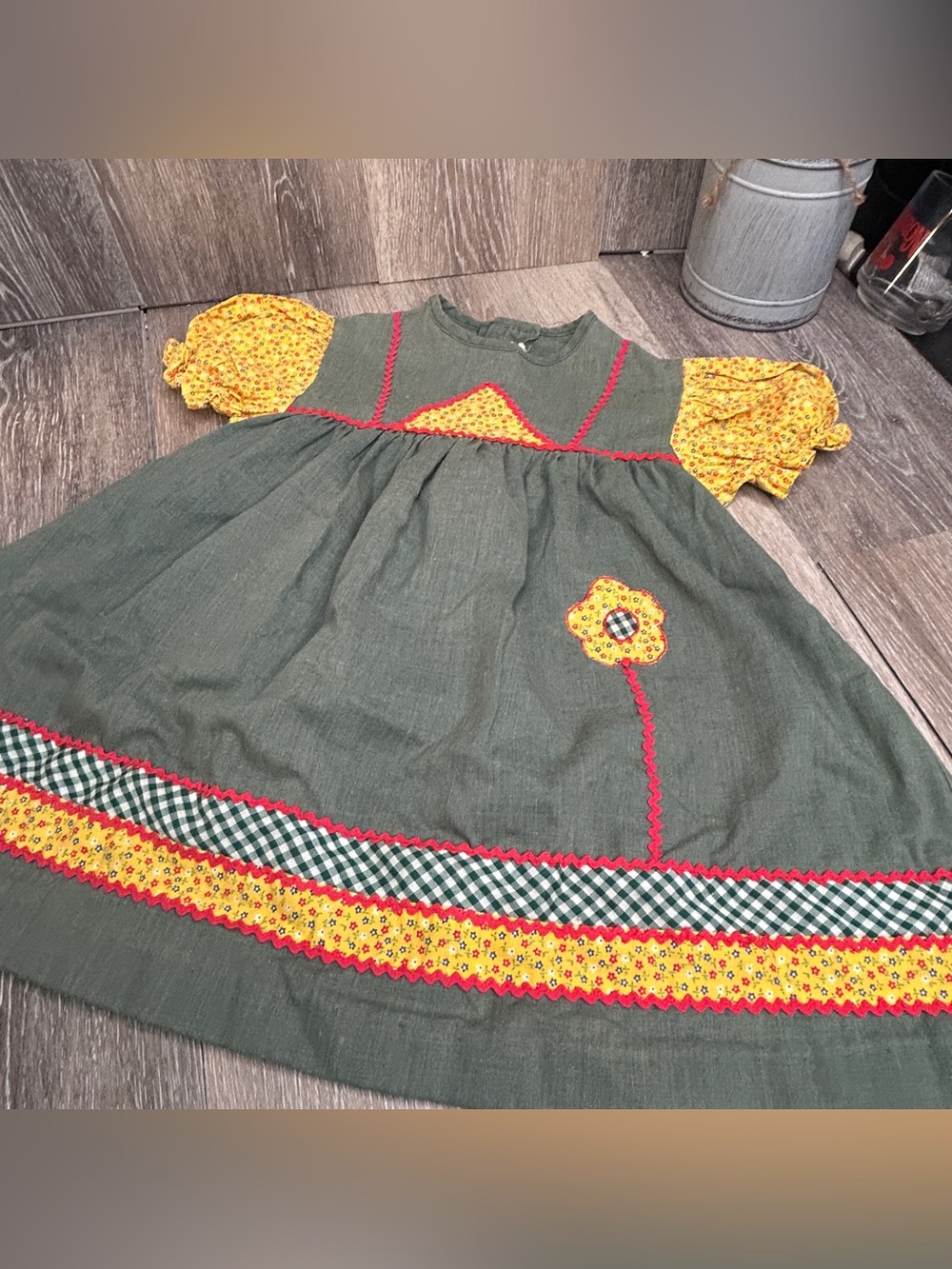 VTG 70s Cinderella Prairie Dress Olive Green Floral Gingham Ric Rac Cottagecore